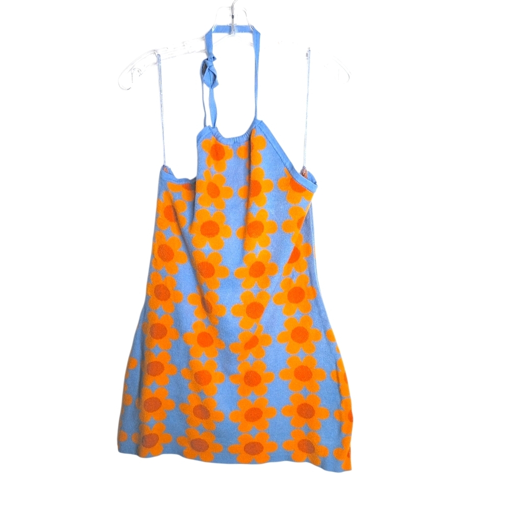 Baevely -Blue Daisy Halter Dress with Orange Floral Pattern - L
